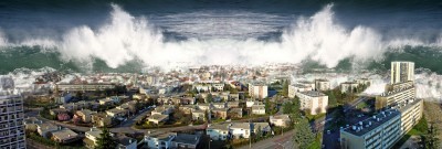 Tsunami hitting city